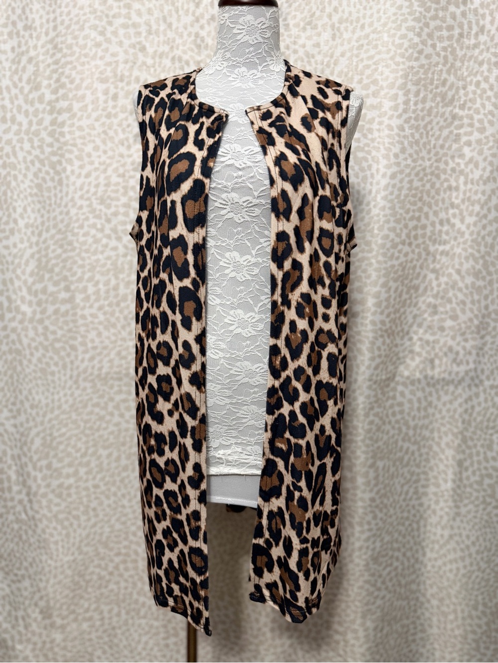 Leopard Print Sleeveless Long Vest - Brown/Black